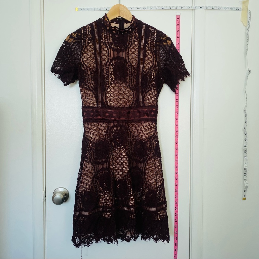 Maroon Lace Overlay Mock Neck Short Sleeve Dress